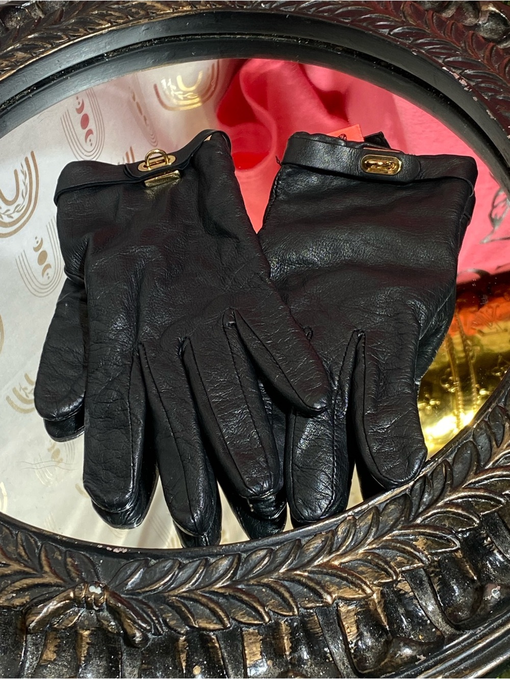Juicy Couture Black Leather Gloves with Gold-Tone Hardware